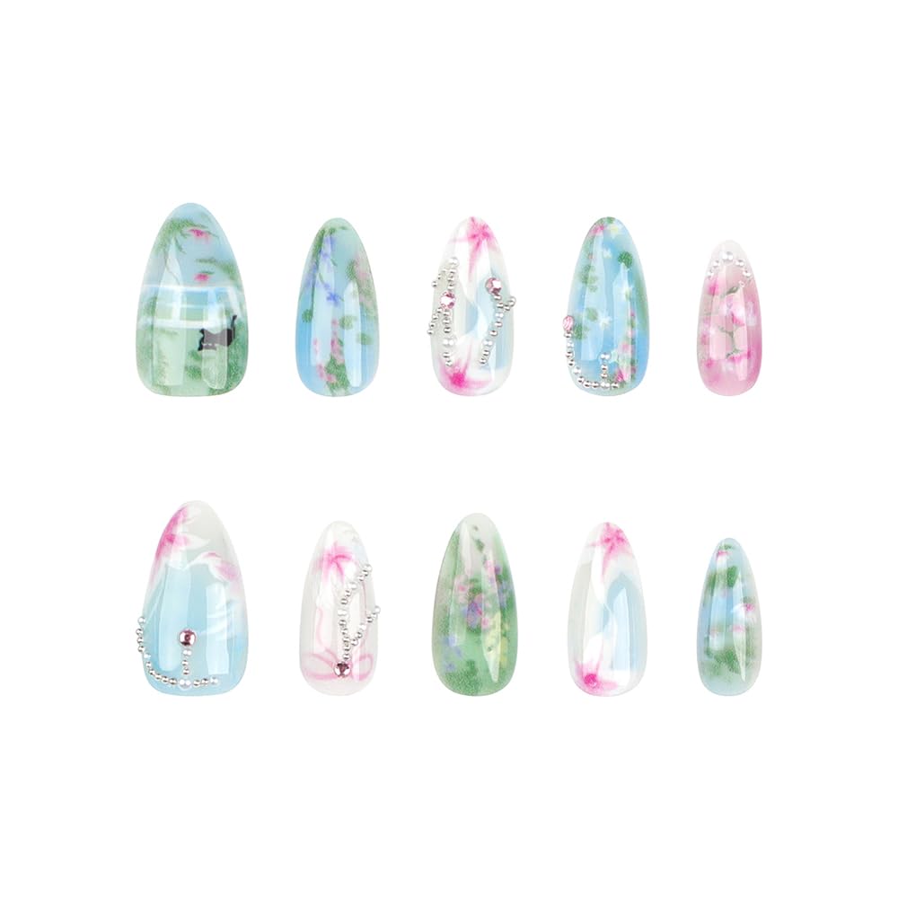 24 Stück Frühling Press-On Nägel Kurz Mandel, YIHONGYAN 3D Strass Muschel-Design Künstliche Nägel Press-Ons Blau Französische Nägel Acryl-Set Klebenägel Vollabdeckung Glitzer Nägel zum Aufkleben für Frauen