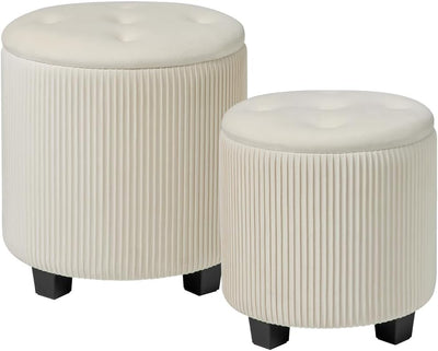 Rundes 2er-Set Aufbewahrungs-Ottoman – Gepolsterter Samt Schminktischhocker für Make-up Multifunktionale Ottomane Couchtisch Gepolsterter Sitz Fußablage für Wohnzimmer & Schlafzimmer (Weiß)