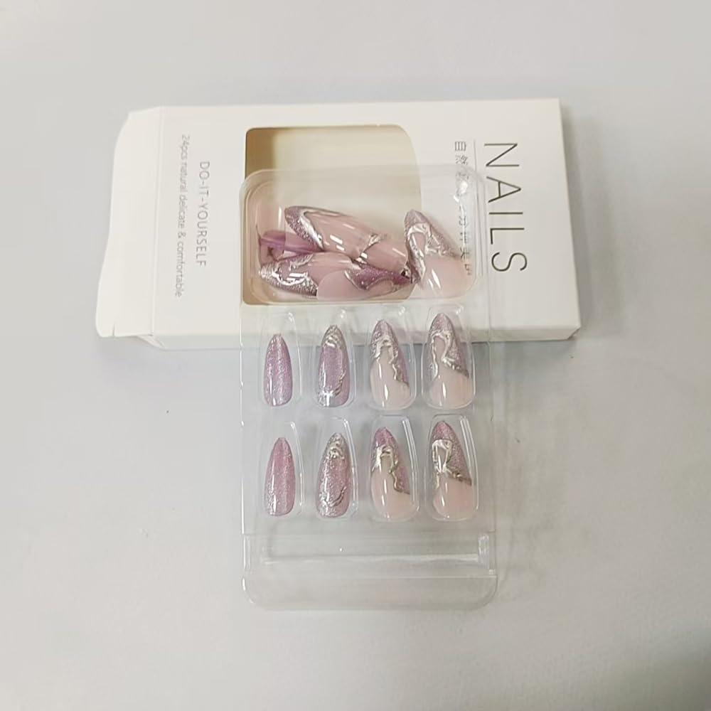 24 Stück Frühling Press-On Nägel Kurz Mandel, YIHONGYAN 3D Strass Muschel-Design Künstliche Nägel Press-Ons Blau Französische Nägel Acryl-Set Klebenägel Vollabdeckung Glitzer Nägel zum Aufkleben für Frauen