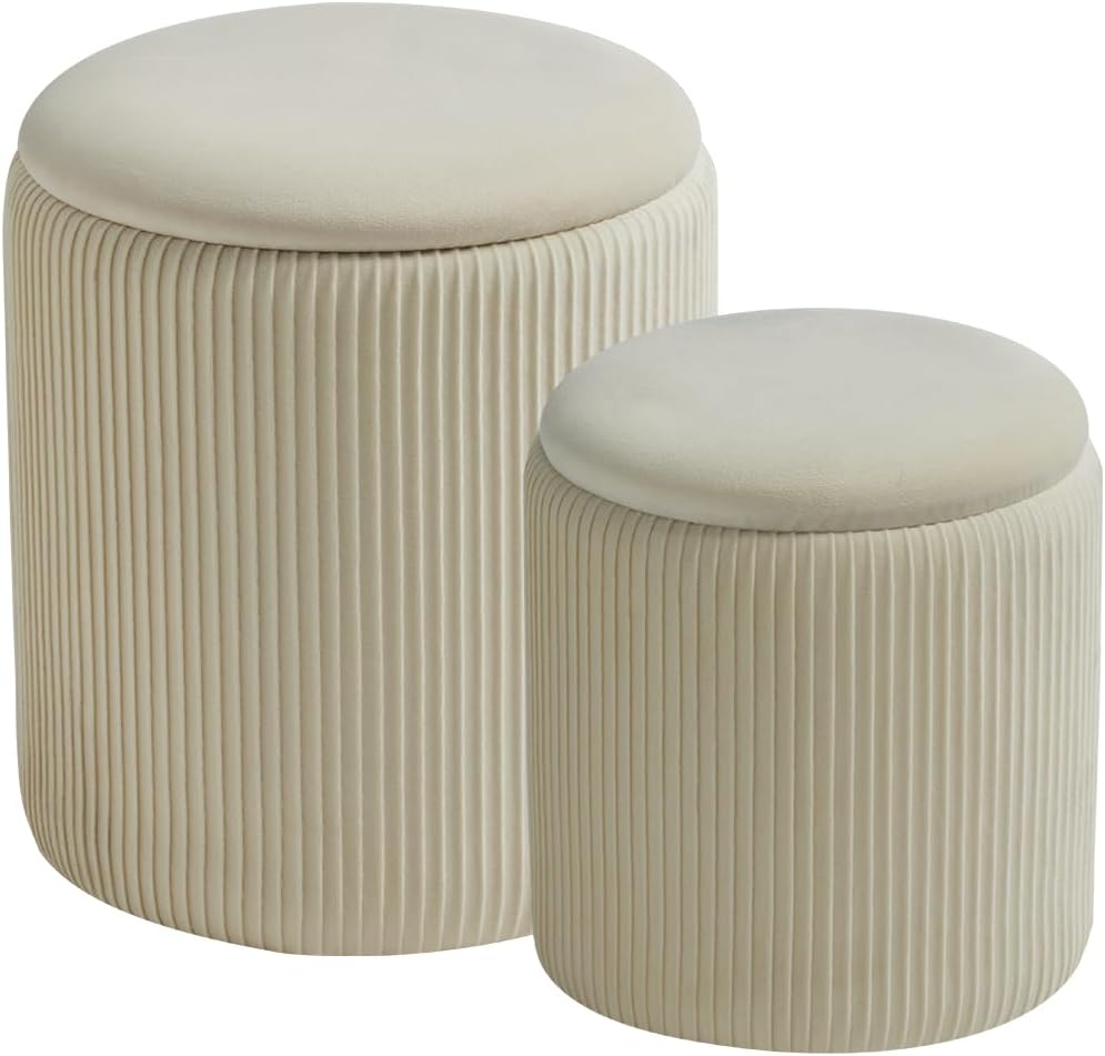 Rundes 2er-Set Aufbewahrungs-Ottoman – Gepolsterter Samt Schminktischhocker für Make-up Multifunktionale Ottomane Couchtisch Gepolsterter Sitz Fußablage für Wohnzimmer & Schlafzimmer (Weiß)