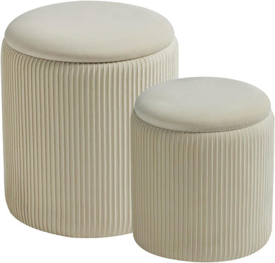 Rundes 2er-Set Aufbewahrungs-Ottoman – Gepolsterter Samt Schminktischhocker für Make-up Multifunktionale Ottomane Couchtisch Gepolsterter Sitz Fußablage für Wohnzimmer & Schlafzimmer (Weiß)