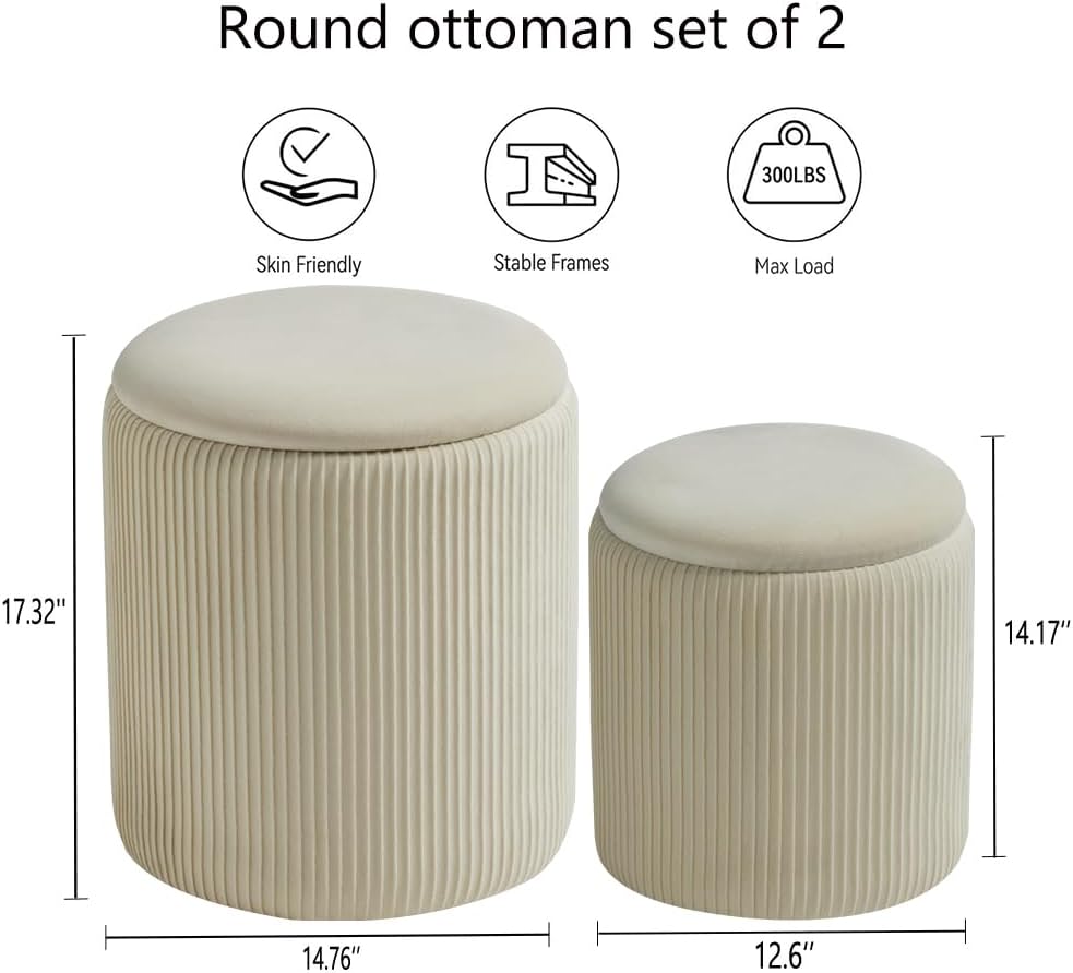 Rundes 2er-Set Aufbewahrungs-Ottoman – Gepolsterter Samt Schminktischhocker für Make-up Multifunktionale Ottomane Couchtisch Gepolsterter Sitz Fußablage für Wohnzimmer & Schlafzimmer (Weiß)