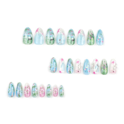24 Stück Frühling Press-On Nägel Kurz Mandel, YIHONGYAN 3D Strass Muschel-Design Künstliche Nägel Press-Ons Blau Französische Nägel Acryl-Set Klebenägel Vollabdeckung Glitzer Nägel zum Aufkleben für Frauen