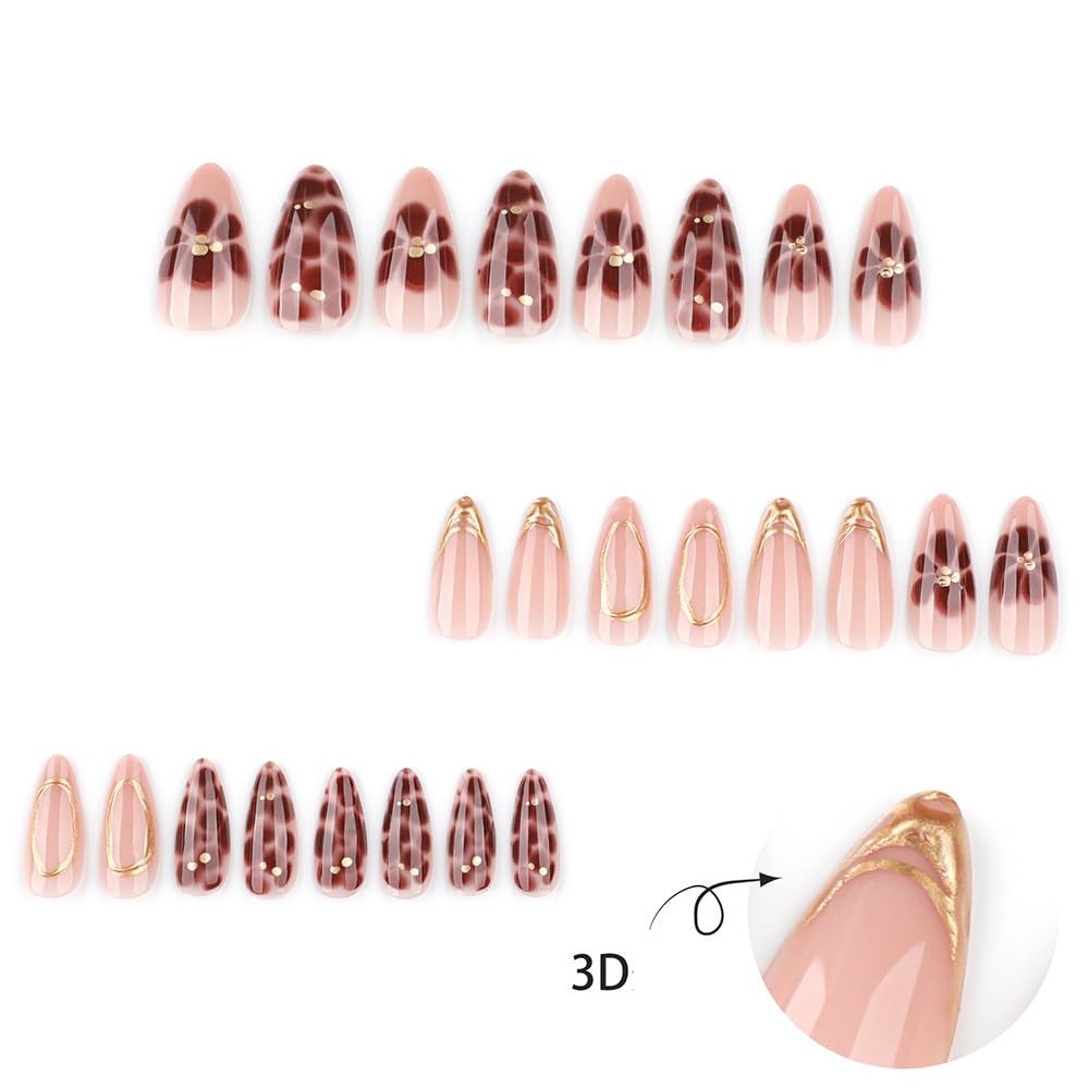 24 Stück Frühling Press-On Nägel Kurz Mandel, YIHONGYAN 3D Strass Muschel-Design Künstliche Nägel Press-Ons Blau Französische Nägel Acryl-Set Klebenägel Vollabdeckung Glitzer Nägel zum Aufkleben für Frauen