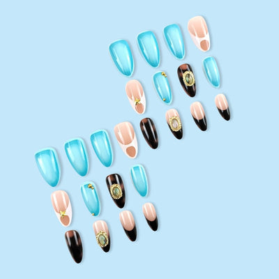 24 Stück Frühling Press-On Nägel Kurz Mandel, YIHONGYAN 3D Strass Muschel-Design Künstliche Nägel Press-Ons Blau Französische Nägel Acryl-Set Klebenägel Vollabdeckung Glitzer Nägel zum Aufkleben für Frauen