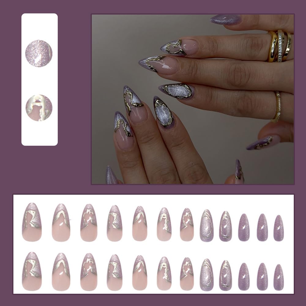24 Stück Frühling Press-On Nägel Kurz Mandel, YIHONGYAN 3D Strass Muschel-Design Künstliche Nägel Press-Ons Blau Französische Nägel Acryl-Set Klebenägel Vollabdeckung Glitzer Nägel zum Aufkleben für Frauen