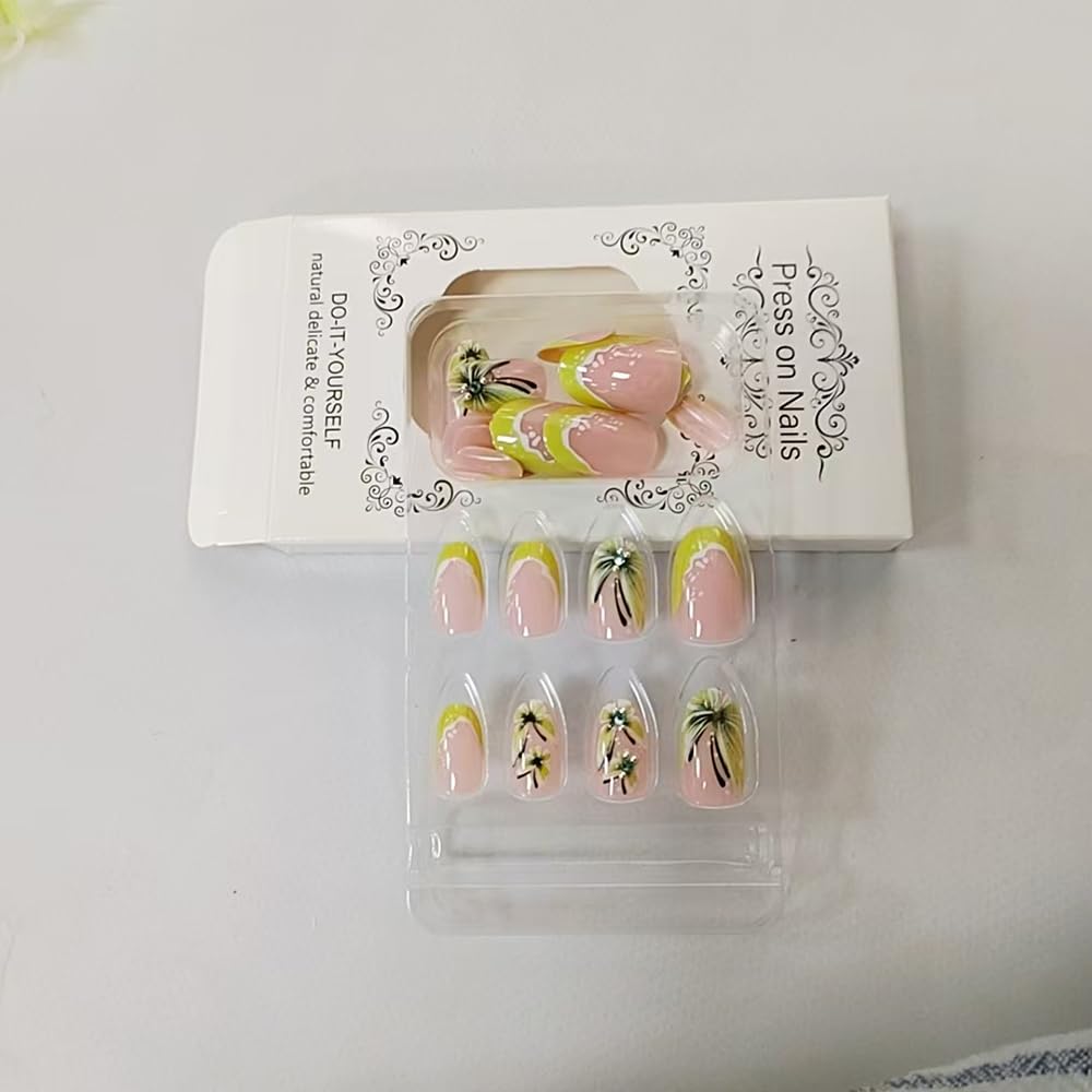 24 Stück Frühling Press-On Nägel Kurz Mandel, YIHONGYAN 3D Strass Muschel-Design Künstliche Nägel Press-Ons Blau Französische Nägel Acryl-Set Klebenägel Vollabdeckung Glitzer Nägel zum Aufkleben für Frauen