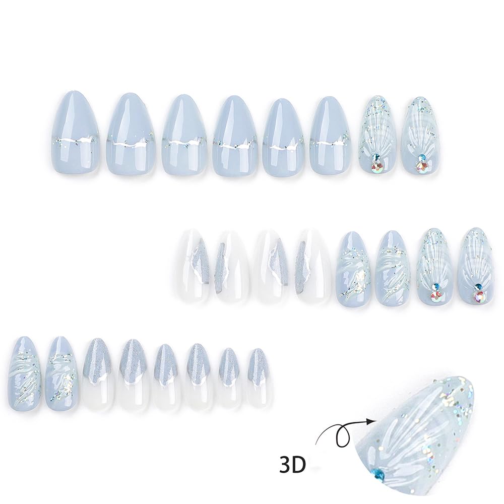 24 Stück Frühling Press-On Nägel Kurz Mandel, YIHONGYAN 3D Strass Muschel-Design Künstliche Nägel Press-Ons Blau Französische Nägel Acryl-Set Klebenägel Vollabdeckung Glitzer Nägel zum Aufkleben für Frauen