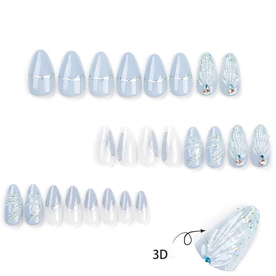 24 Stück Frühling Press-On Nägel Kurz Mandel, YIHONGYAN 3D Strass Muschel-Design Künstliche Nägel Press-Ons Blau Französische Nägel Acryl-Set Klebenägel Vollabdeckung Glitzer Nägel zum Aufkleben für Frauen