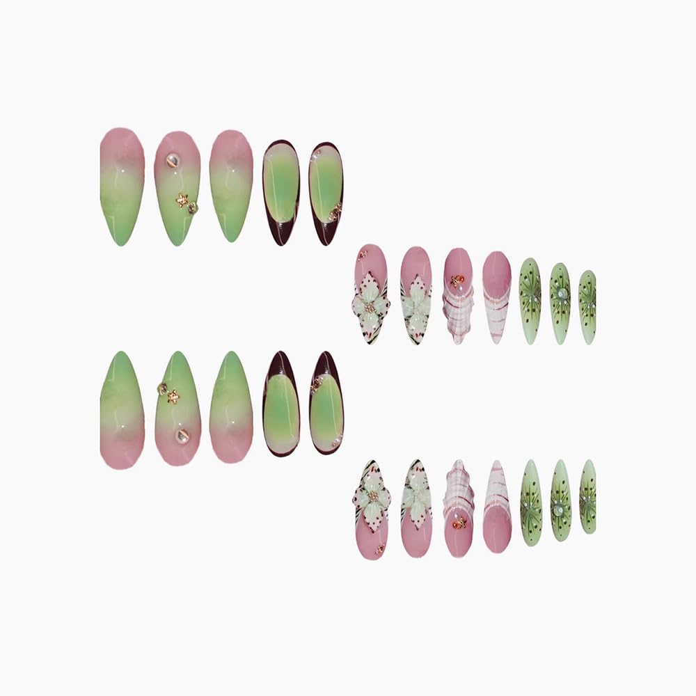 24 Stück Frühling Press-On Nägel Kurz Mandel, YIHONGYAN 3D Strass Muschel-Design Künstliche Nägel Press-Ons Blau Französische Nägel Acryl-Set Klebenägel Vollabdeckung Glitzer Nägel zum Aufkleben für Frauen