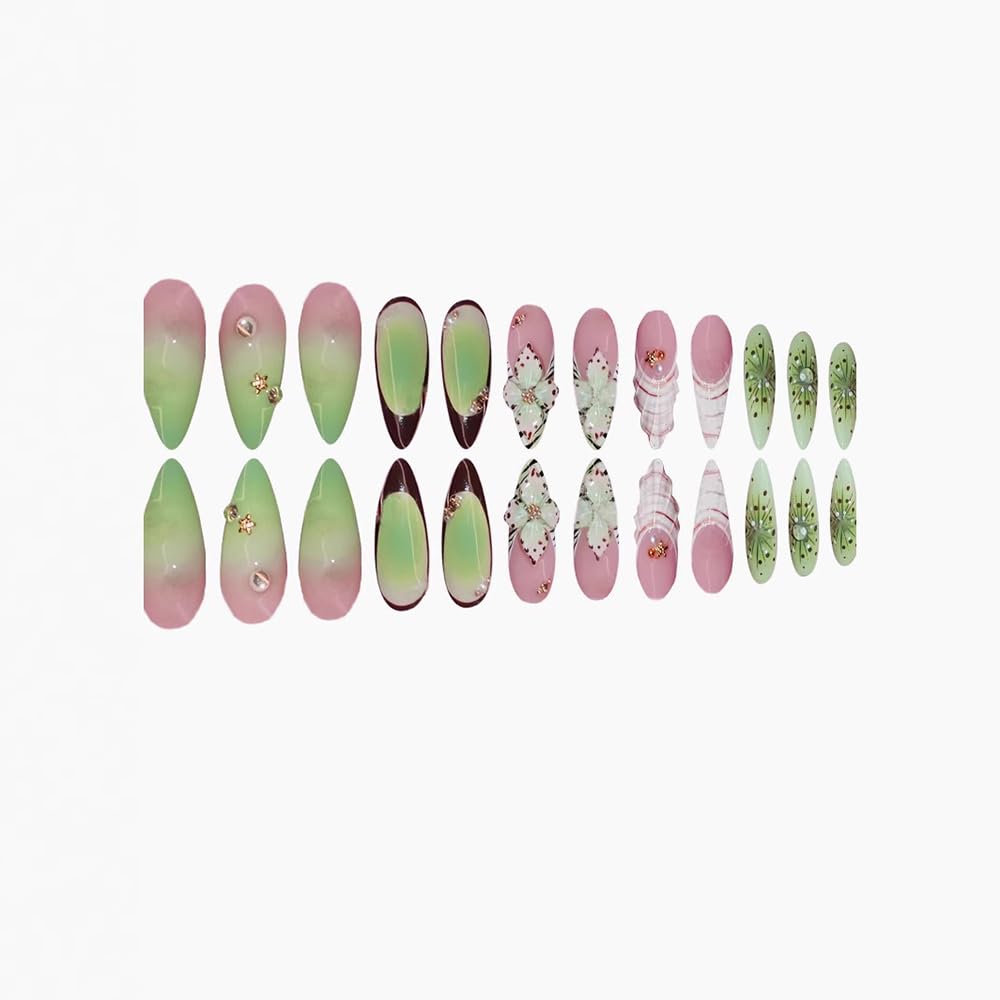 24 Stück Frühling Press-On Nägel Kurz Mandel, YIHONGYAN 3D Strass Muschel-Design Künstliche Nägel Press-Ons Blau Französische Nägel Acryl-Set Klebenägel Vollabdeckung Glitzer Nägel zum Aufkleben für Frauen