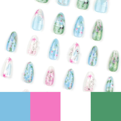 24 Stück Frühling Press-On Nägel Kurz Mandel, YIHONGYAN 3D Strass Muschel-Design Künstliche Nägel Press-Ons Blau Französische Nägel Acryl-Set Klebenägel Vollabdeckung Glitzer Nägel zum Aufkleben für Frauen
