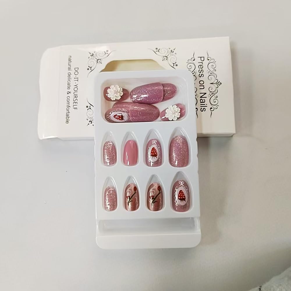 24 Stück Frühling Press-On Nägel Kurz Mandel, YIHONGYAN 3D Strass Muschel-Design Künstliche Nägel Press-Ons Blau Französische Nägel Acryl-Set Klebenägel Vollabdeckung Glitzer Nägel zum Aufkleben für Frauen