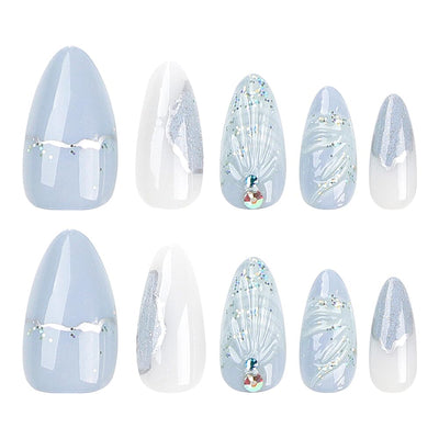24 Stück Frühling Press-On Nägel Kurz Mandel, YIHONGYAN 3D Strass Muschel-Design Künstliche Nägel Press-Ons Blau Französische Nägel Acryl-Set Klebenägel Vollabdeckung Glitzer Nägel zum Aufkleben für Frauen