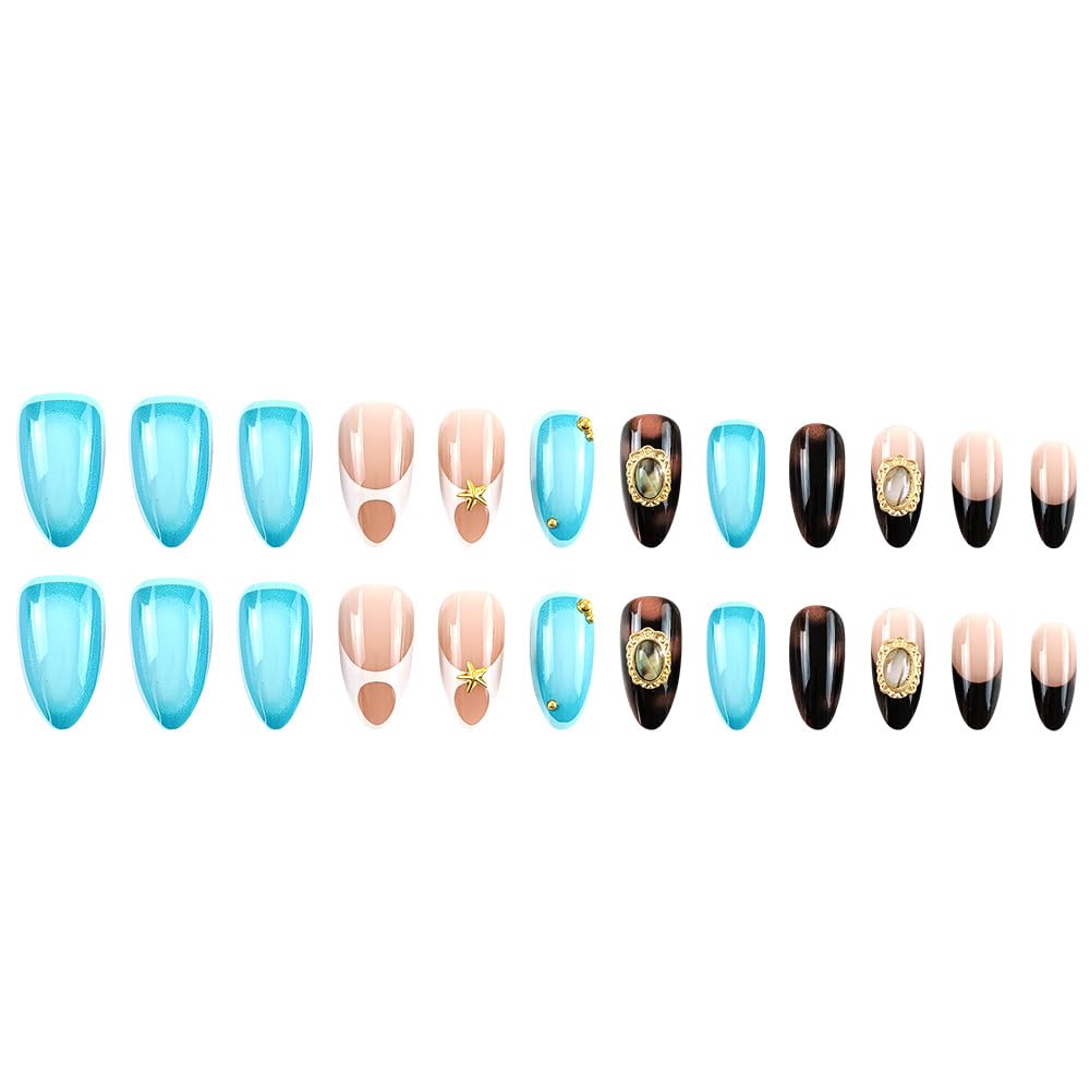 24 Stück Frühling Press-On Nägel Kurz Mandel, YIHONGYAN 3D Strass Muschel-Design Künstliche Nägel Press-Ons Blau Französische Nägel Acryl-Set Klebenägel Vollabdeckung Glitzer Nägel zum Aufkleben für Frauen