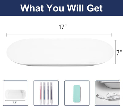TSJ OFFICE Glas-Schreibtisch-Whiteboard – 17 x 7 Zoll kleines Whiteboard mit blauer Beleuchtung, Glas-Whiteboard-Oberfläche Notizblock mit 1 Schublade, Schreibtisch-Organizer für Büro, Zuhause, Schulbedarf