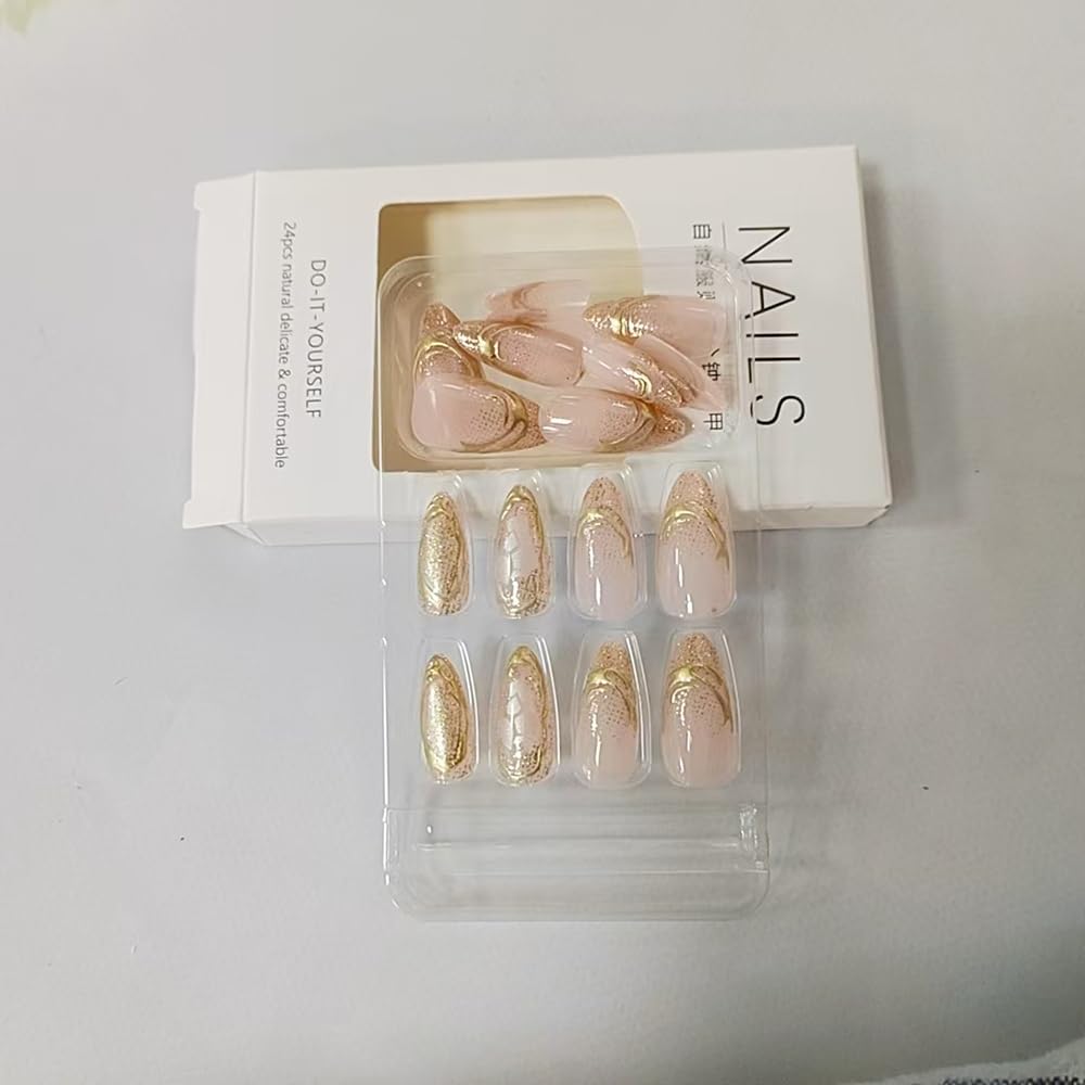 24 Stück Frühling Press-On Nägel Kurz Mandel, YIHONGYAN 3D Strass Muschel-Design Künstliche Nägel Press-Ons Blau Französische Nägel Acryl-Set Klebenägel Vollabdeckung Glitzer Nägel zum Aufkleben für Frauen