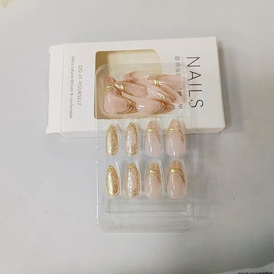 24 Stück Frühling Press-On Nägel Kurz Mandel, YIHONGYAN 3D Strass Muschel-Design Künstliche Nägel Press-Ons Blau Französische Nägel Acryl-Set Klebenägel Vollabdeckung Glitzer Nägel zum Aufkleben für Frauen