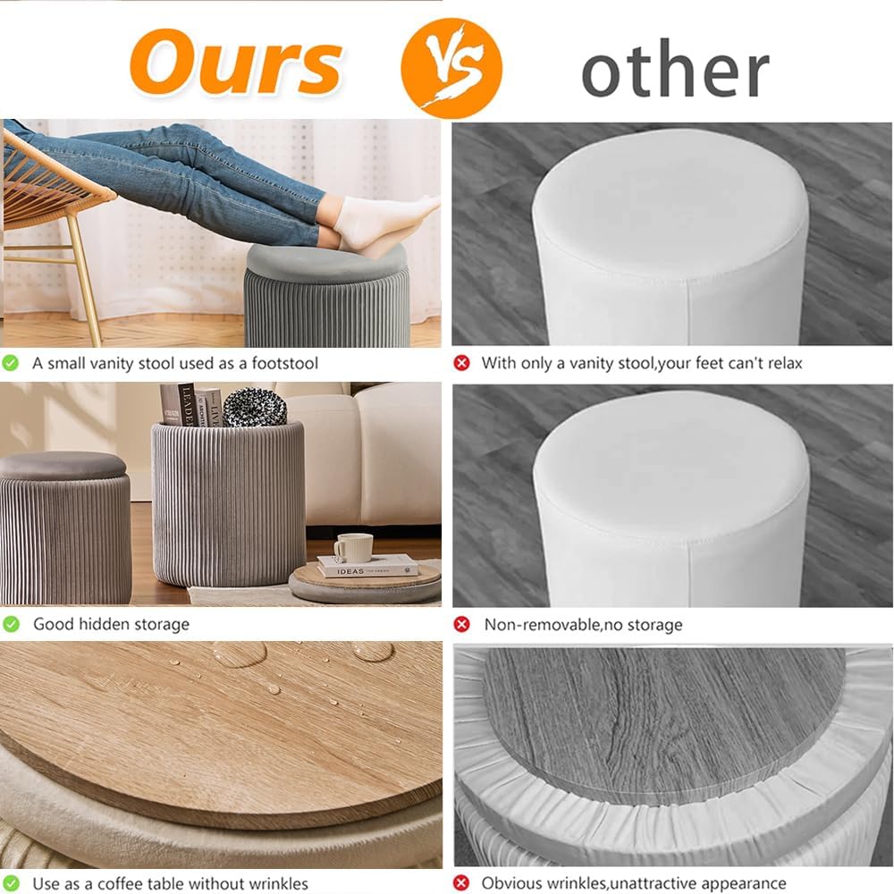 Rundes 2er-Set Aufbewahrungs-Ottoman – Gepolsterter Samt Schminktischhocker für Make-up Multifunktionale Ottomane Couchtisch Gepolsterter Sitz Fußablage für Wohnzimmer & Schlafzimmer (Weiß)