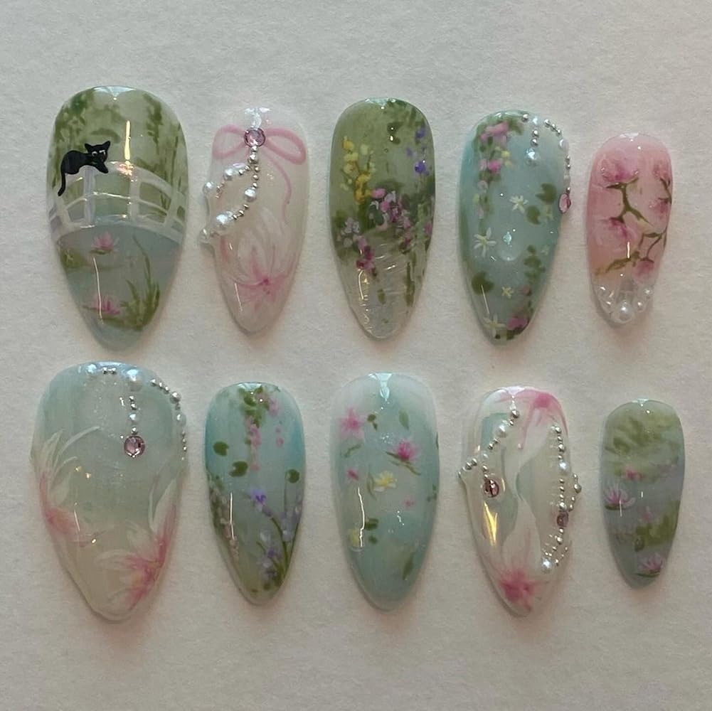 24 Stück Frühling Press-On Nägel Kurz Mandel, YIHONGYAN 3D Strass Muschel-Design Künstliche Nägel Press-Ons Blau Französische Nägel Acryl-Set Klebenägel Vollabdeckung Glitzer Nägel zum Aufkleben für Frauen