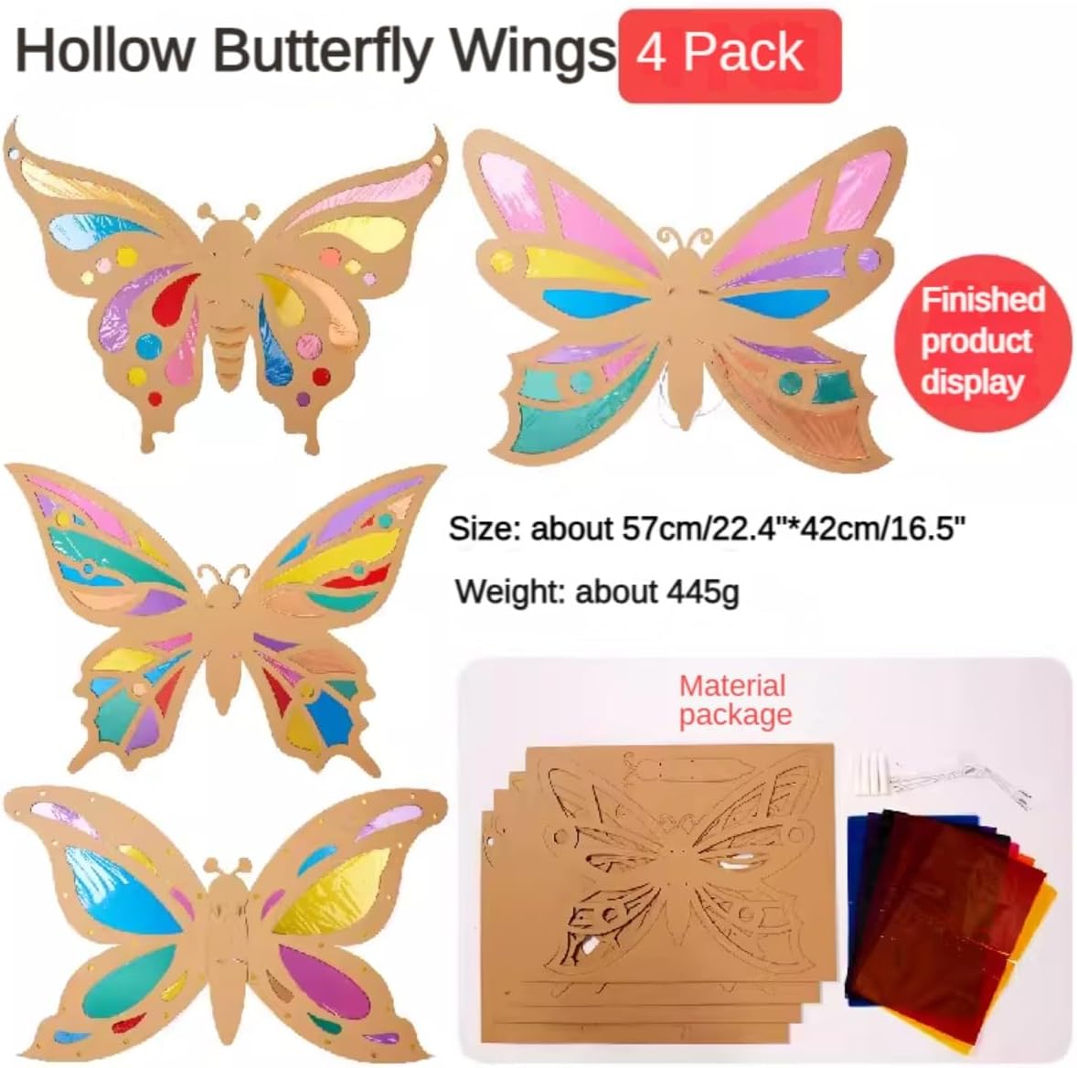 Handgemachtes Spielzeug für Kinder – Schmetterlingsflügel aus farbiger Zellophanfolie mit Licht- und Schatteneffekt, Holzplatte zur Eltern-Kind-Interaktion (4er-Pack)