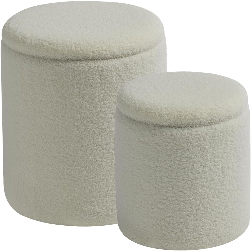 Rundes 2er-Set Aufbewahrungs-Ottoman – Gepolsterter Samt Schminktischhocker für Make-up Multifunktionale Ottomane Couchtisch Gepolsterter Sitz Fußablage für Wohnzimmer & Schlafzimmer (Weiß)