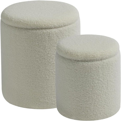 Rundes 2er-Set Aufbewahrungs-Ottoman – Gepolsterter Samt Schminktischhocker für Make-up Multifunktionale Ottomane Couchtisch Gepolsterter Sitz Fußablage für Wohnzimmer & Schlafzimmer (Weiß)