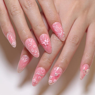 24 Stück Frühling Press-On Nägel Kurz Mandel, YIHONGYAN 3D Strass Muschel-Design Künstliche Nägel Press-Ons Blau Französische Nägel Acryl-Set Klebenägel Vollabdeckung Glitzer Nägel zum Aufkleben für Frauen