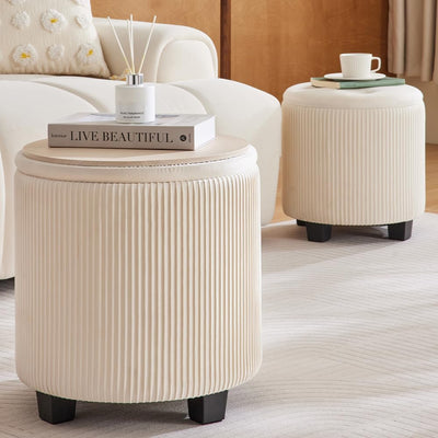 Rundes 2er-Set Aufbewahrungs-Ottoman – Gepolsterter Samt Schminktischhocker für Make-up Multifunktionale Ottomane Couchtisch Gepolsterter Sitz Fußablage für Wohnzimmer & Schlafzimmer (Weiß)