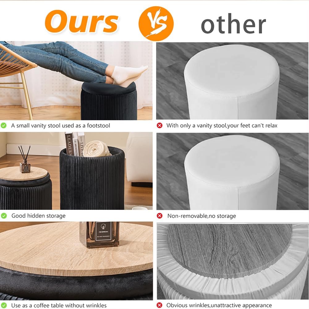 Rundes 2er-Set Aufbewahrungs-Ottoman – Gepolsterter Samt Schminktischhocker für Make-up Multifunktionale Ottomane Couchtisch Gepolsterter Sitz Fußablage für Wohnzimmer & Schlafzimmer (Weiß)