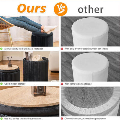 Rundes 2er-Set Aufbewahrungs-Ottoman – Gepolsterter Samt Schminktischhocker für Make-up Multifunktionale Ottomane Couchtisch Gepolsterter Sitz Fußablage für Wohnzimmer & Schlafzimmer (Weiß)