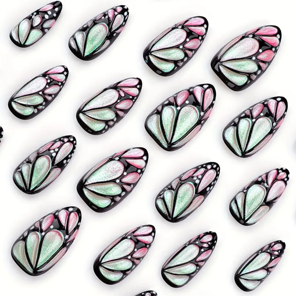 24 Stück Frühling Press-On Nägel Kurz Mandel, YIHONGYAN 3D Strass Muschel-Design Künstliche Nägel Press-Ons Blau Französische Nägel Acryl-Set Klebenägel Vollabdeckung Glitzer Nägel zum Aufkleben für Frauen