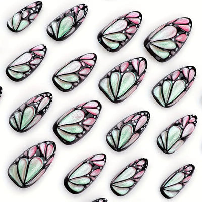 24 Stück Frühling Press-On Nägel Kurz Mandel, YIHONGYAN 3D Strass Muschel-Design Künstliche Nägel Press-Ons Blau Französische Nägel Acryl-Set Klebenägel Vollabdeckung Glitzer Nägel zum Aufkleben für Frauen