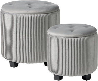 Rundes 2er-Set Aufbewahrungs-Ottoman – Gepolsterter Samt Schminktischhocker für Make-up Multifunktionale Ottomane Couchtisch Gepolsterter Sitz Fußablage für Wohnzimmer & Schlafzimmer (Weiß)
