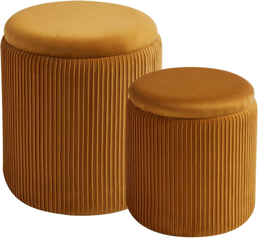 Rundes 2er-Set Aufbewahrungs-Ottoman – Gepolsterter Samt Schminktischhocker für Make-up Multifunktionale Ottomane Couchtisch Gepolsterter Sitz Fußablage für Wohnzimmer & Schlafzimmer (Weiß)