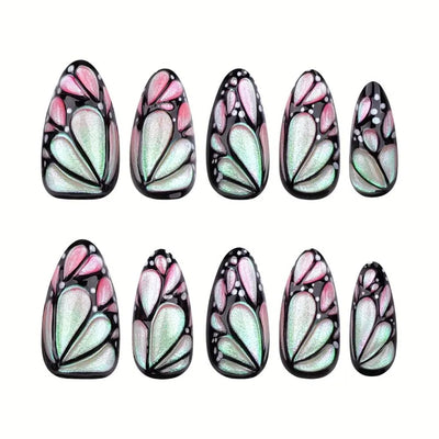 24 Stück Frühling Press-On Nägel Kurz Mandel, YIHONGYAN 3D Strass Muschel-Design Künstliche Nägel Press-Ons Blau Französische Nägel Acryl-Set Klebenägel Vollabdeckung Glitzer Nägel zum Aufkleben für Frauen