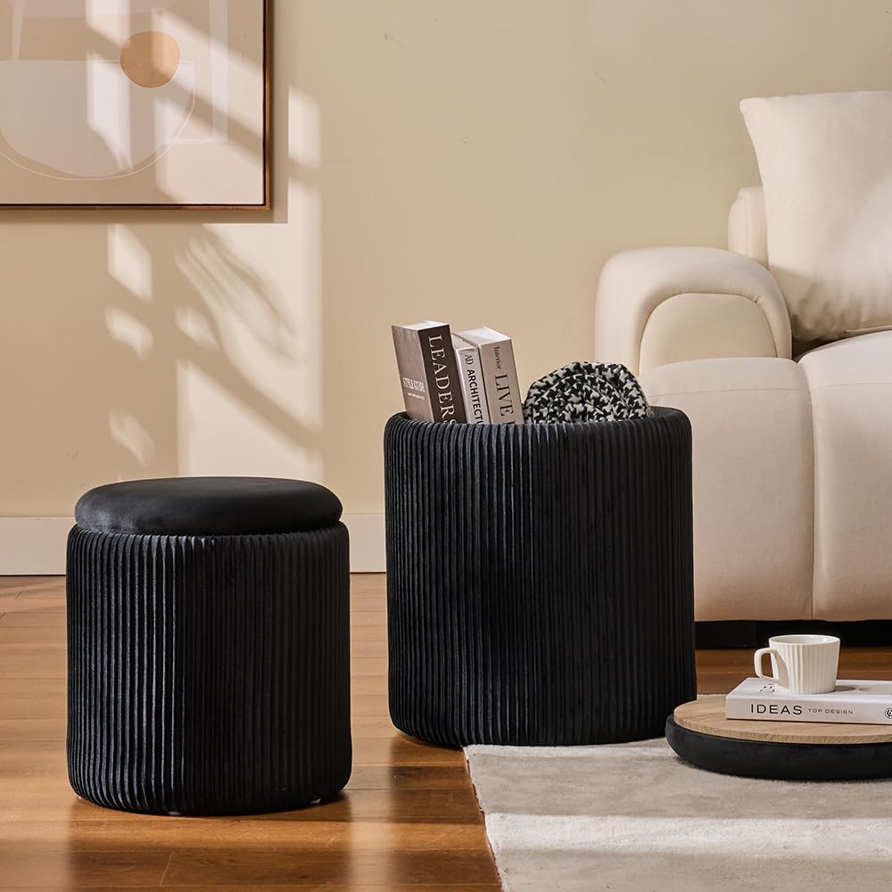 Rundes 2er-Set Aufbewahrungs-Ottoman – Gepolsterter Samt Schminktischhocker für Make-up Multifunktionale Ottomane Couchtisch Gepolsterter Sitz Fußablage für Wohnzimmer & Schlafzimmer (Weiß)