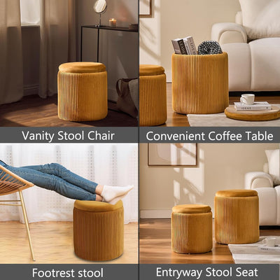 Rundes 2er-Set Aufbewahrungs-Ottoman – Gepolsterter Samt Schminktischhocker für Make-up Multifunktionale Ottomane Couchtisch Gepolsterter Sitz Fußablage für Wohnzimmer & Schlafzimmer (Weiß)