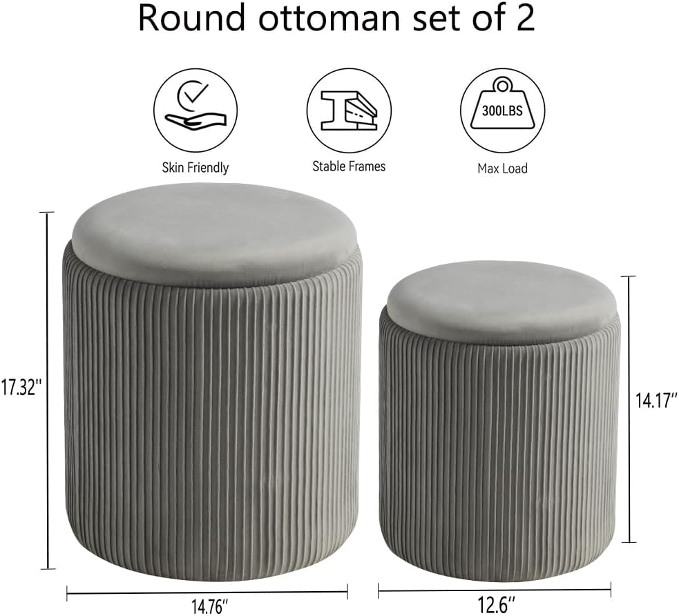 Rundes 2er-Set Aufbewahrungs-Ottoman – Gepolsterter Samt Schminktischhocker für Make-up Multifunktionale Ottomane Couchtisch Gepolsterter Sitz Fußablage für Wohnzimmer & Schlafzimmer (Weiß)