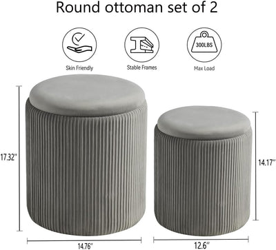 Rundes 2er-Set Aufbewahrungs-Ottoman – Gepolsterter Samt Schminktischhocker für Make-up Multifunktionale Ottomane Couchtisch Gepolsterter Sitz Fußablage für Wohnzimmer & Schlafzimmer (Weiß)