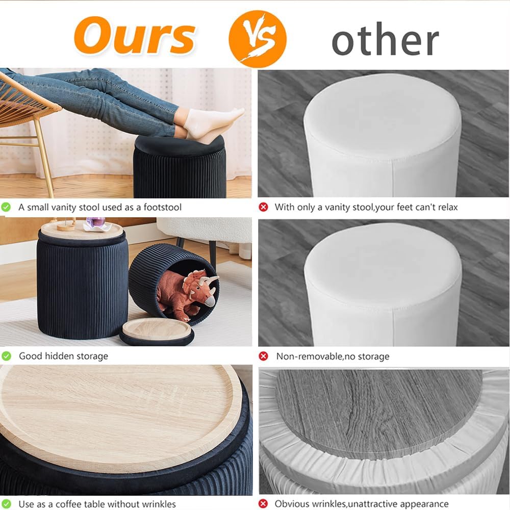 Rundes 2er-Set Aufbewahrungs-Ottoman – Gepolsterter Samt Schminktischhocker für Make-up Multifunktionale Ottomane Couchtisch Gepolsterter Sitz Fußablage für Wohnzimmer & Schlafzimmer (Weiß)