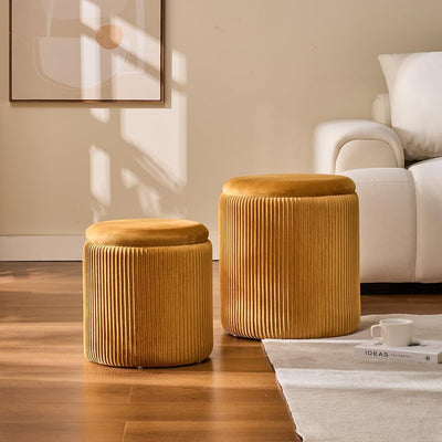Rundes 2er-Set Aufbewahrungs-Ottoman – Gepolsterter Samt Schminktischhocker für Make-up Multifunktionale Ottomane Couchtisch Gepolsterter Sitz Fußablage für Wohnzimmer & Schlafzimmer (Weiß)