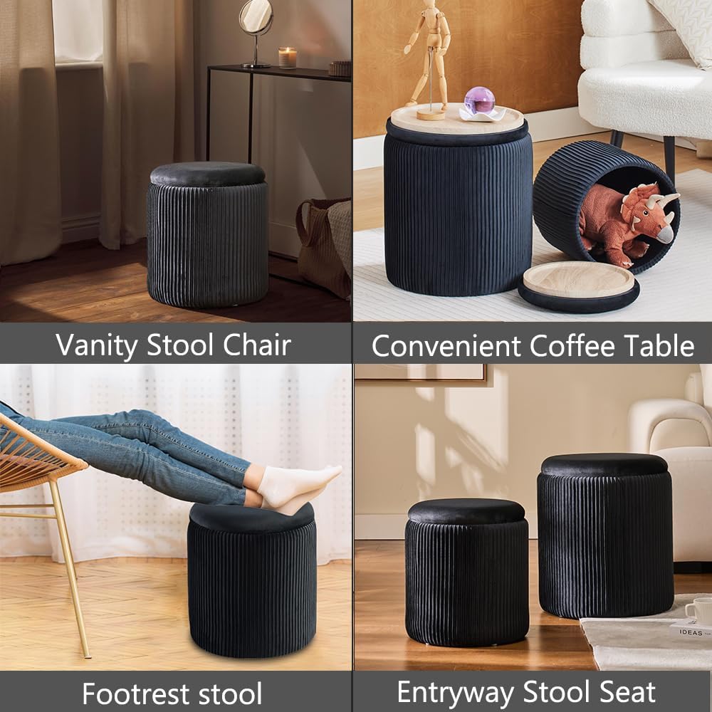 Rundes 2er-Set Aufbewahrungs-Ottoman – Gepolsterter Samt Schminktischhocker für Make-up Multifunktionale Ottomane Couchtisch Gepolsterter Sitz Fußablage für Wohnzimmer & Schlafzimmer (Weiß)