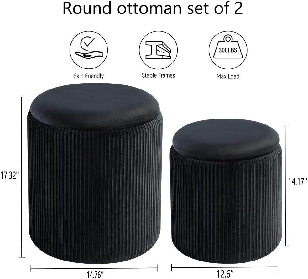 Rundes 2er-Set Aufbewahrungs-Ottoman – Gepolsterter Samt Schminktischhocker für Make-up Multifunktionale Ottomane Couchtisch Gepolsterter Sitz Fußablage für Wohnzimmer & Schlafzimmer (Weiß)