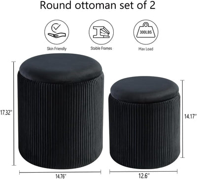 Rundes 2er-Set Aufbewahrungs-Ottoman – Gepolsterter Samt Schminktischhocker für Make-up Multifunktionale Ottomane Couchtisch Gepolsterter Sitz Fußablage für Wohnzimmer & Schlafzimmer (Weiß)