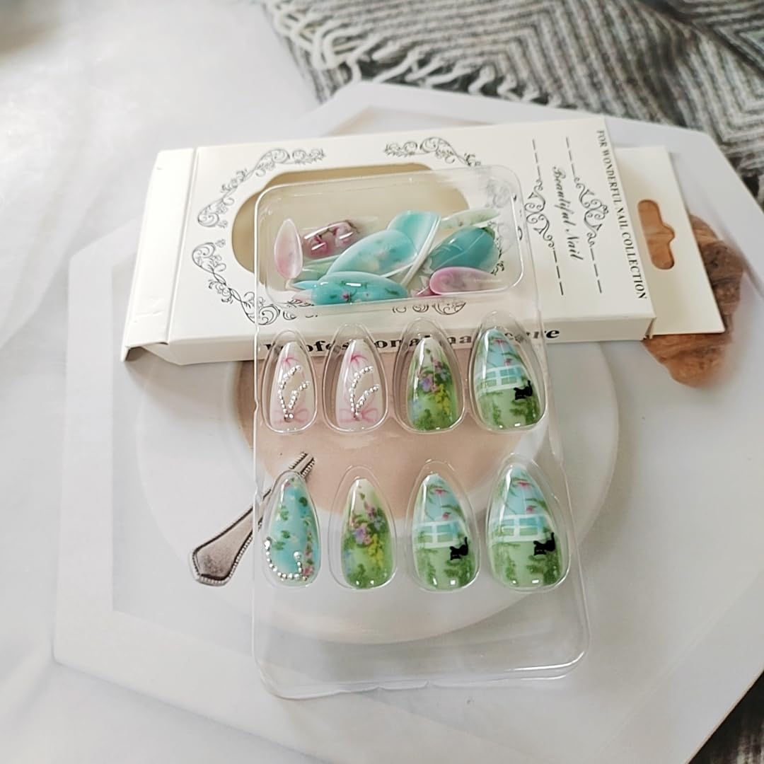 24 Stück Frühling Press-On Nägel Kurz Mandel, YIHONGYAN 3D Strass Muschel-Design Künstliche Nägel Press-Ons Blau Französische Nägel Acryl-Set Klebenägel Vollabdeckung Glitzer Nägel zum Aufkleben für Frauen
