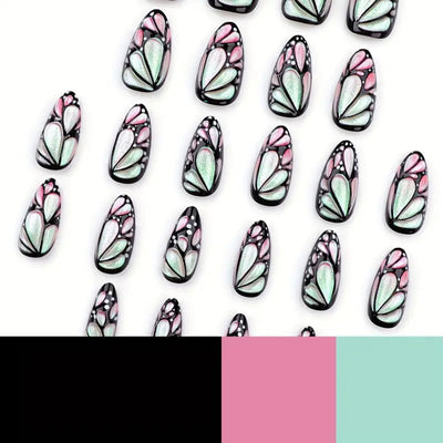 24 Stück Frühling Press-On Nägel Kurz Mandel, YIHONGYAN 3D Strass Muschel-Design Künstliche Nägel Press-Ons Blau Französische Nägel Acryl-Set Klebenägel Vollabdeckung Glitzer Nägel zum Aufkleben für Frauen