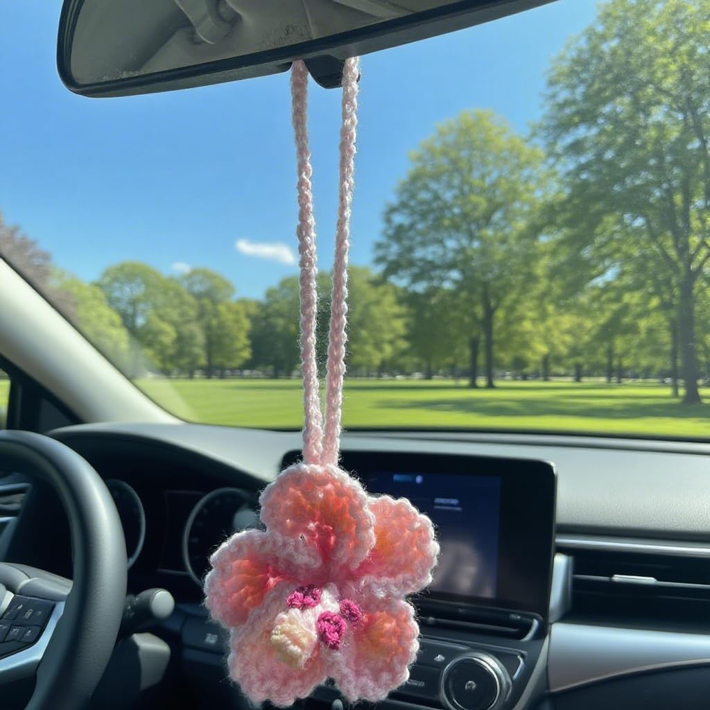 Hibiskusblume Auto Hängedeko, Gehäkelte Hawaiianische Tropenblumen Taschenanhänger Deko Rückspiegel Strandaccessoires (Rosa)