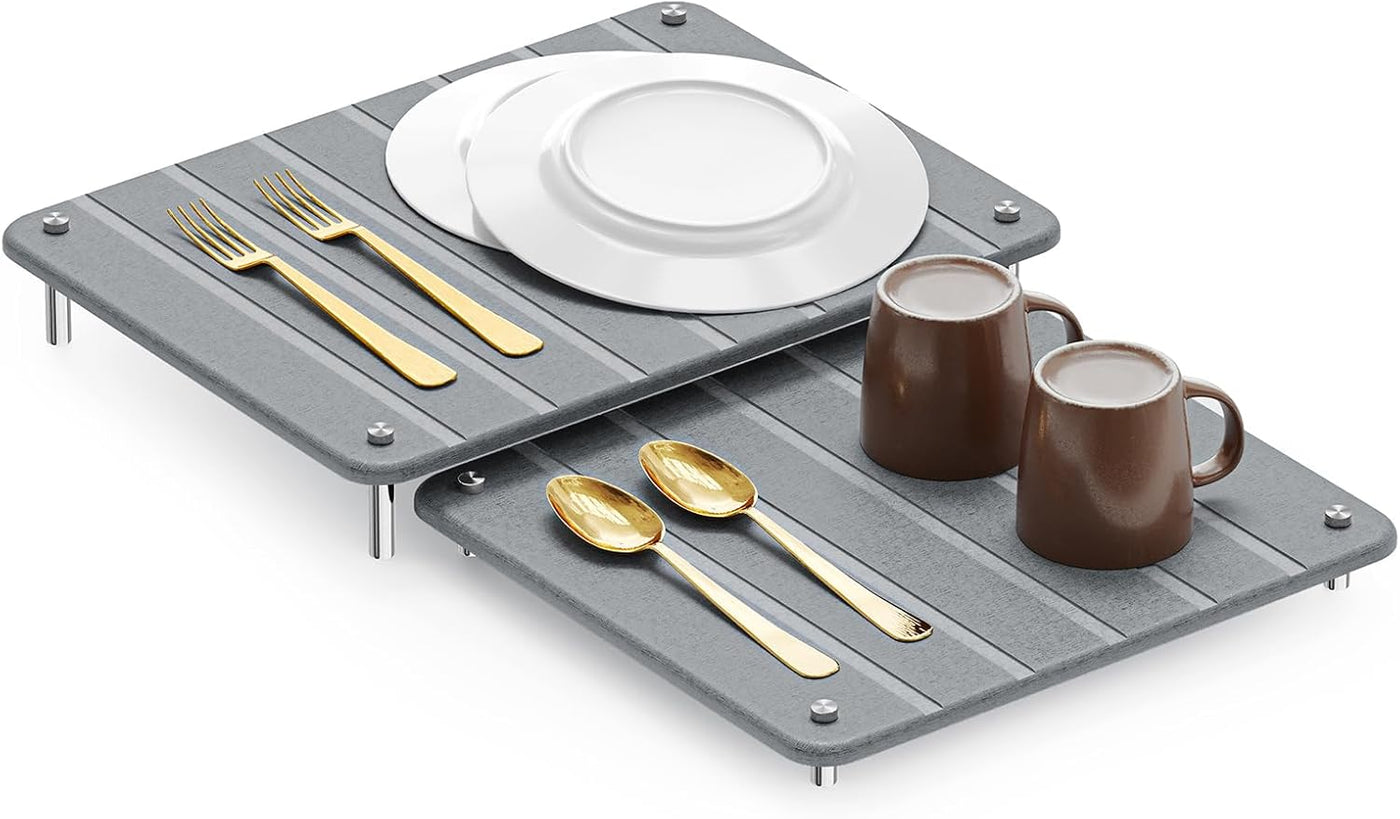 SpaceAid 2er-Pack Stein-Abtropfmatten für die Küchenarbeitsplatte – Erweiterbare, saugfähige Abtropfunterlage, Schnell trocknende Kieselgur-Matte, Absorbierende Spülstein-Matte (Grau)