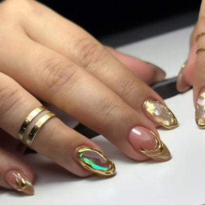 24 Stück Frühling Press-On Nägel Kurz Mandel, YIHONGYAN 3D Strass Muschel-Design Künstliche Nägel Press-Ons Blau Französische Nägel Acryl-Set Klebenägel Vollabdeckung Glitzer Nägel zum Aufkleben für Frauen